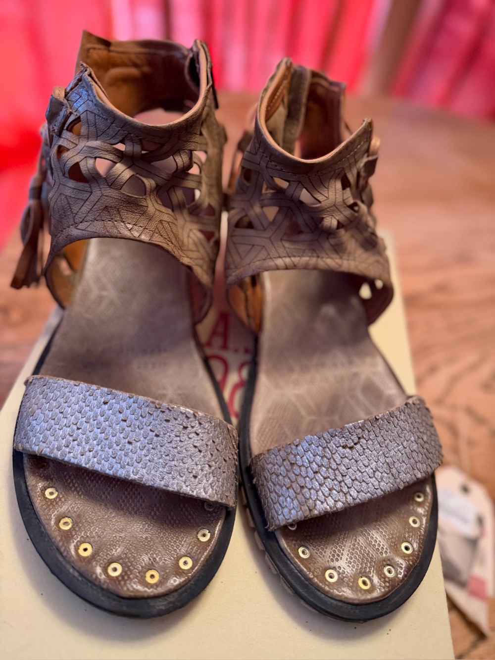 A.S.98 Leather Open-Toe Sandals in Taupe with Tassels